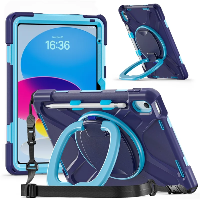 For iPad (2025)  /  10.9 (2022) Case with Shoulder Strap TPU + PC + Silicone Kickstand Tablet Cover - Navy Blue