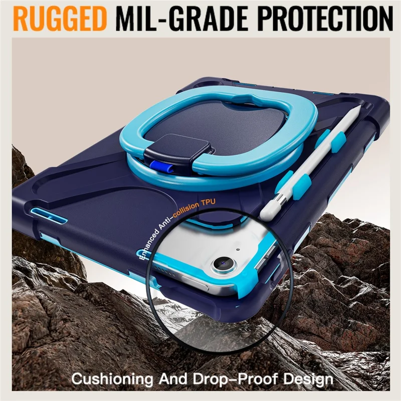 For iPad (2025)  /  10.9 (2022) Case with Shoulder Strap TPU + PC + Silicone Kickstand Tablet Cover - Navy Blue