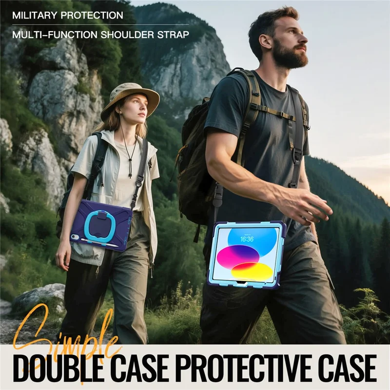 For iPad (2025)  /  10.9 (2022) Case with Shoulder Strap TPU + PC + Silicone Kickstand Tablet Cover - Navy Blue