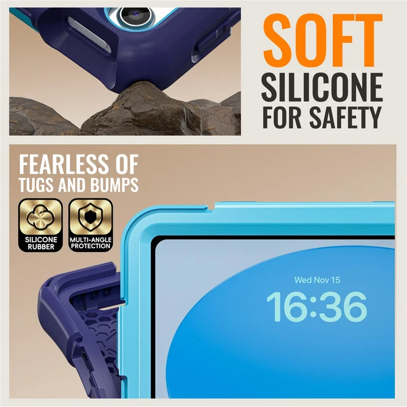 For iPad (2025)  /  10.9 (2022) Case with Shoulder Strap TPU + PC + Silicone Kickstand Tablet Cover - Navy Blue