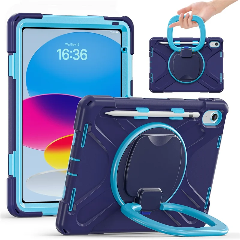 For iPad (2025)  /  10.9 (2022) Case TPU + PC + Silicone Tablet Cover Swivel Kickstand Handle Grip - Navy Blue