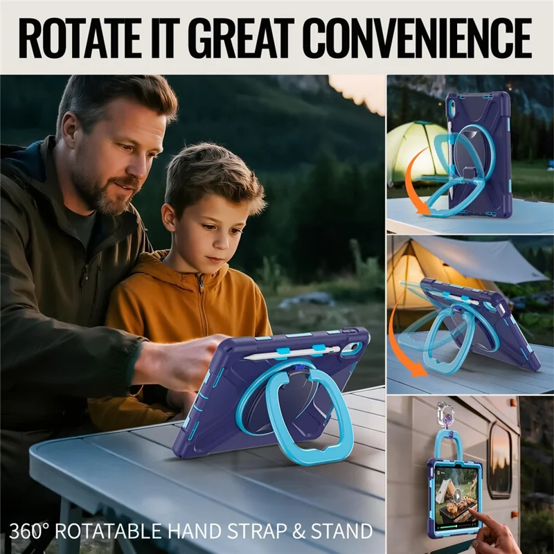 For iPad (2025)  /  10.9 (2022) Case TPU + PC + Silicone Tablet Cover Swivel Kickstand Handle Grip - Navy Blue