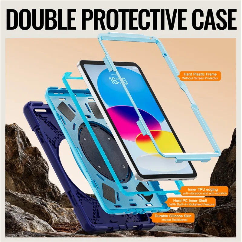 For iPad (2025)  /  10.9 (2022) Case TPU + PC + Silicone Tablet Cover Swivel Kickstand Handle Grip - Navy Blue