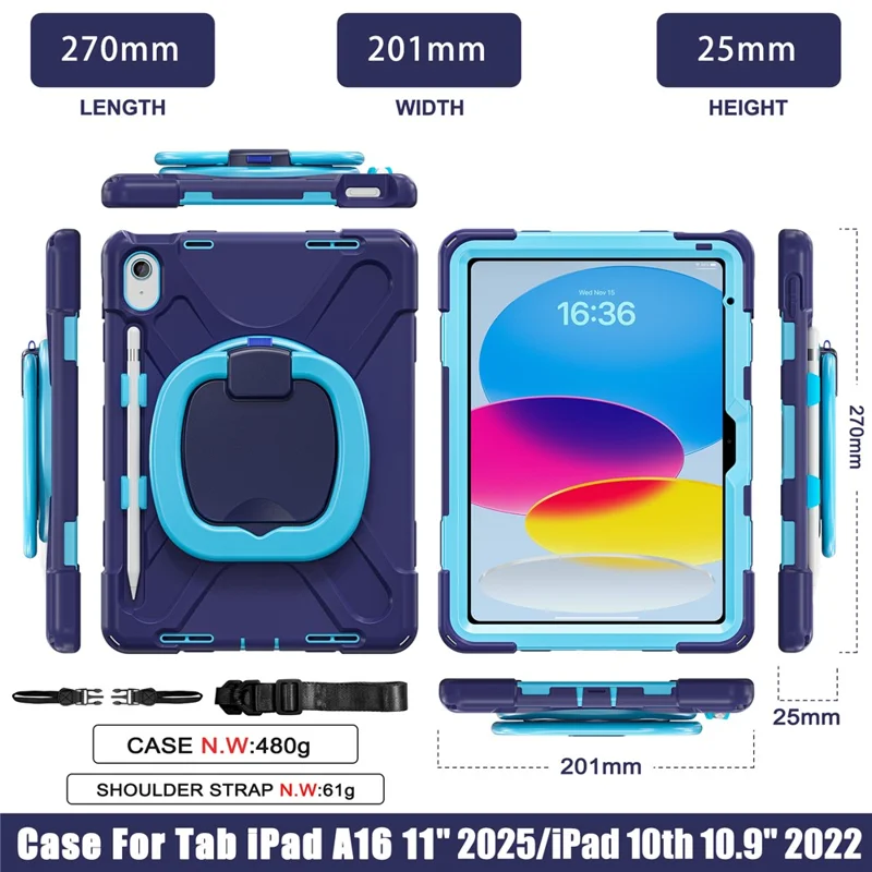 For iPad (2025)  /  10.9 (2022) Case TPU + PC + Silicone Tablet Cover Swivel Kickstand Handle Grip - Navy Blue