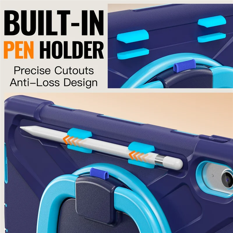 For iPad (2025)  /  10.9 (2022) Case TPU + PC + Silicone Tablet Cover Swivel Kickstand Handle Grip - Navy Blue