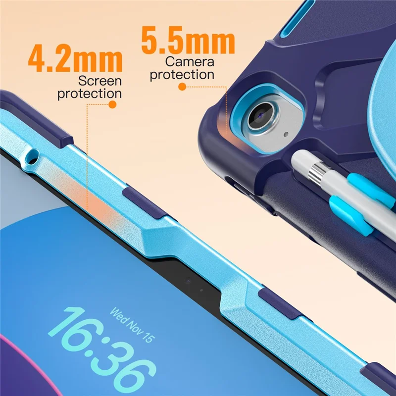 For iPad (2025)  /  10.9 (2022) Case TPU + PC + Silicone Tablet Cover Swivel Kickstand Handle Grip - Navy Blue