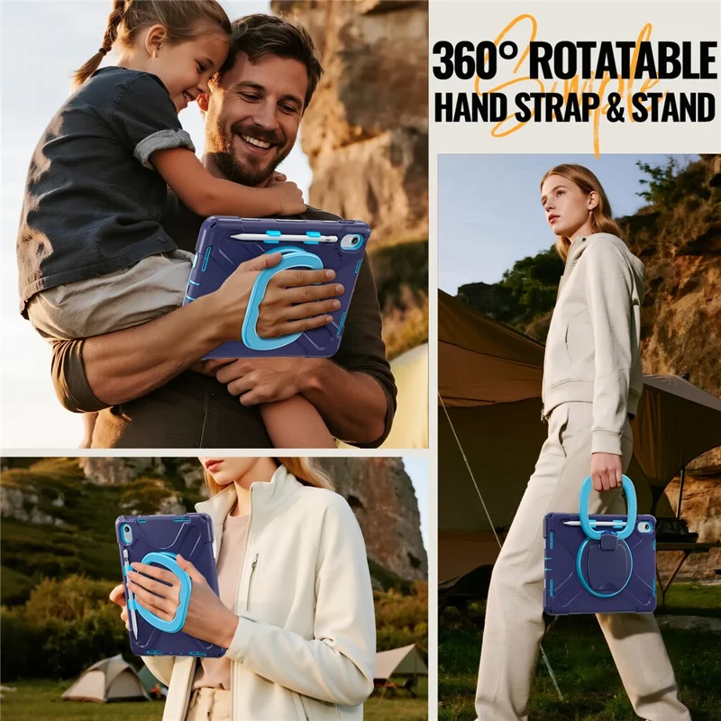 For iPad (2025)  /  10.9 (2022) Case TPU + PC + Silicone Tablet Cover Swivel Kickstand Handle Grip - Navy Blue