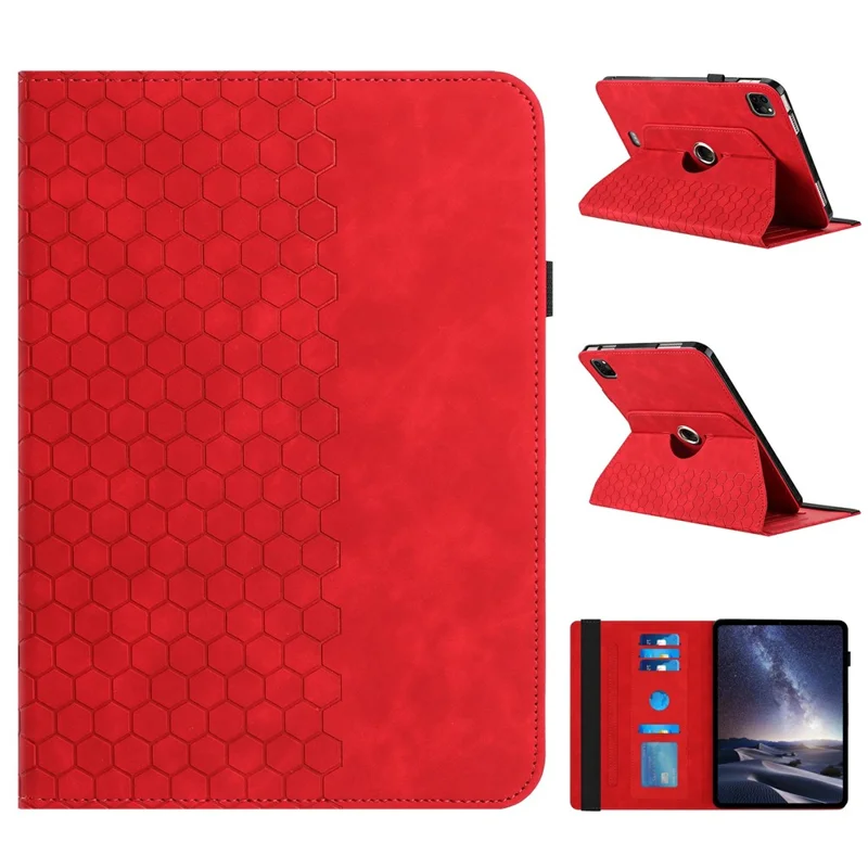 Leather Case For iPad Air (2022)  /  (2020)  /  Pro 11 (2020) Rotatable Honeycomb Imprinted Shockproof Tablet Cover with Stand  - Red