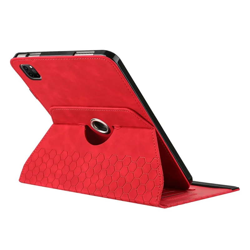Leather Case For iPad Air (2022)  /  (2020)  /  Pro 11 (2020) Rotatable Honeycomb Imprinted Shockproof Tablet Cover with Stand  - Red
