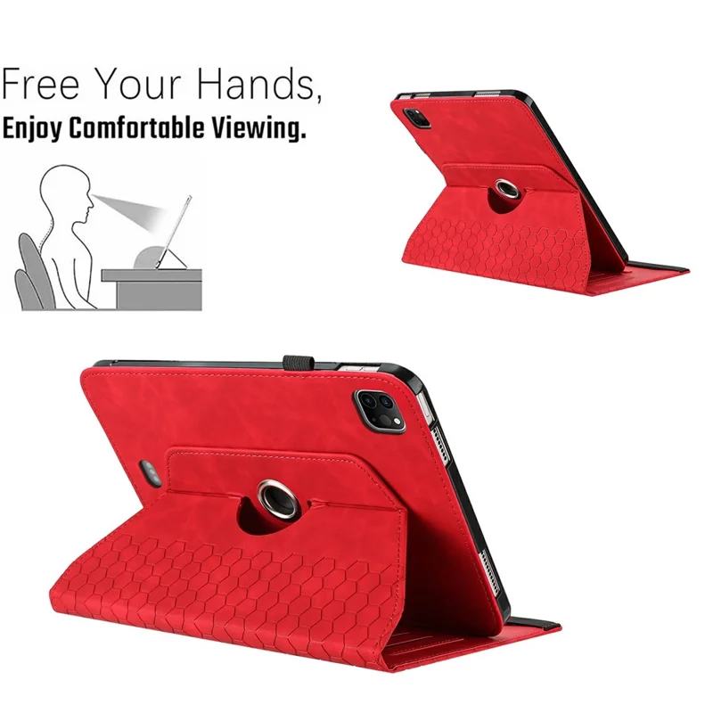 Leather Case For iPad Air (2022)  /  (2020)  /  Pro 11 (2020) Rotatable Honeycomb Imprinted Shockproof Tablet Cover with Stand  - Red