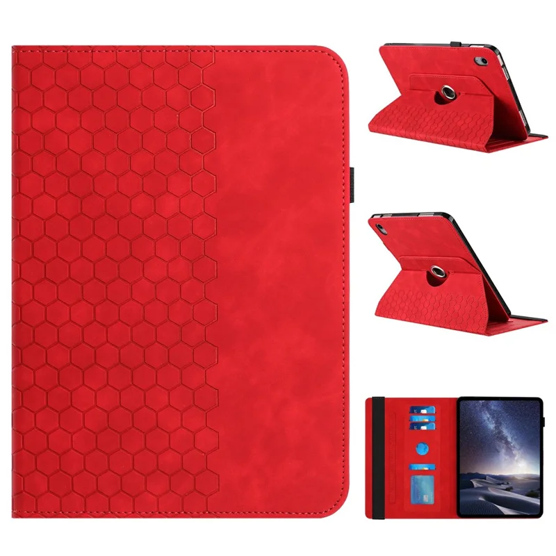 For iPad 10.9 (2022) Leather Case Rotatable Honeycomb Imprinted Shockproof Tablet Cover with Stand - Red