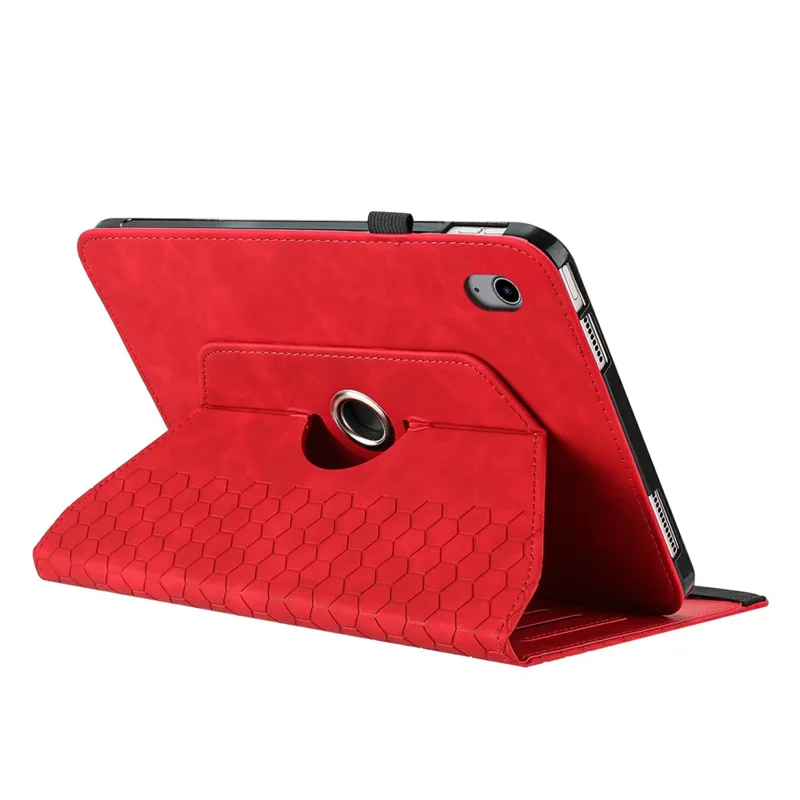 For iPad 10.9 (2022) Leather Case Rotatable Honeycomb Imprinted Shockproof Tablet Cover with Stand - Red