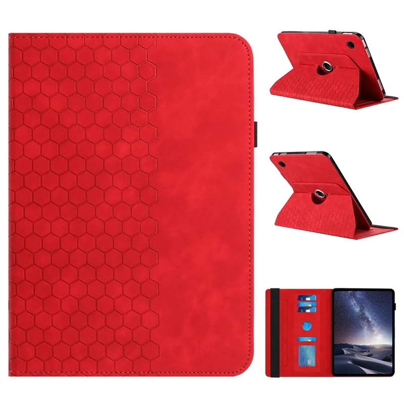 For Samsung Galaxy Tab A9 Leather Case Rotatable Honeycomb Imprinted Shockproof Tablet Cover with Stand  - Red