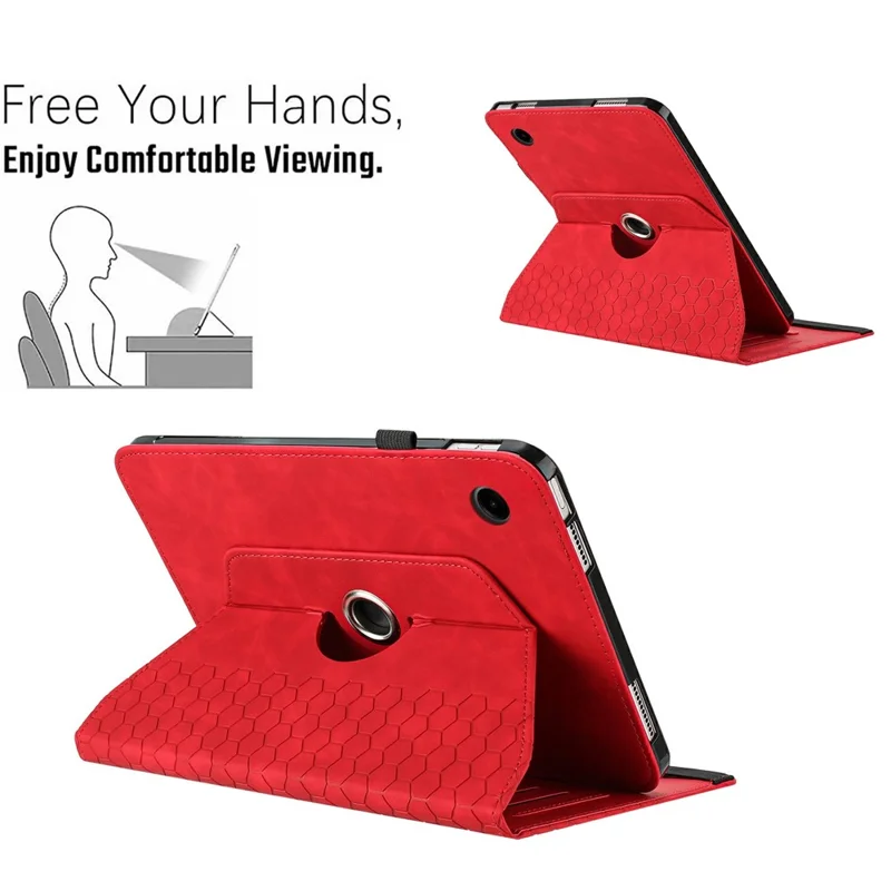 For Samsung Galaxy Tab A9 Leather Case Rotatable Honeycomb Imprinted Shockproof Tablet Cover with Stand  - Red