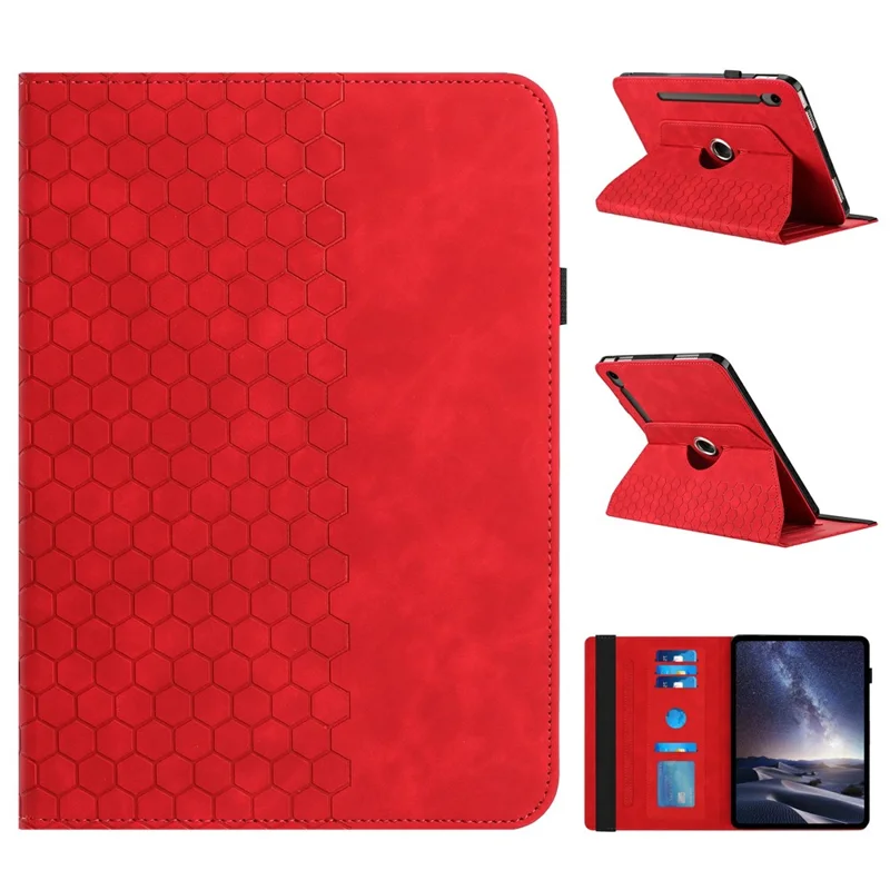 Leather Case For Samsung	Galaxy Tab S9 FE  /  S9 Rotatable Honeycomb Imprinted Shockproof Tablet Cover with Stand  - Red