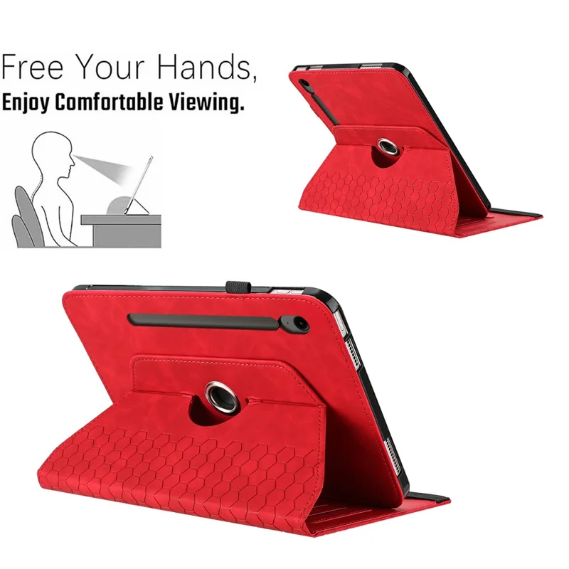 Leather Case For Samsung	Galaxy Tab S9 FE  /  S9 Rotatable Honeycomb Imprinted Shockproof Tablet Cover with Stand  - Red
