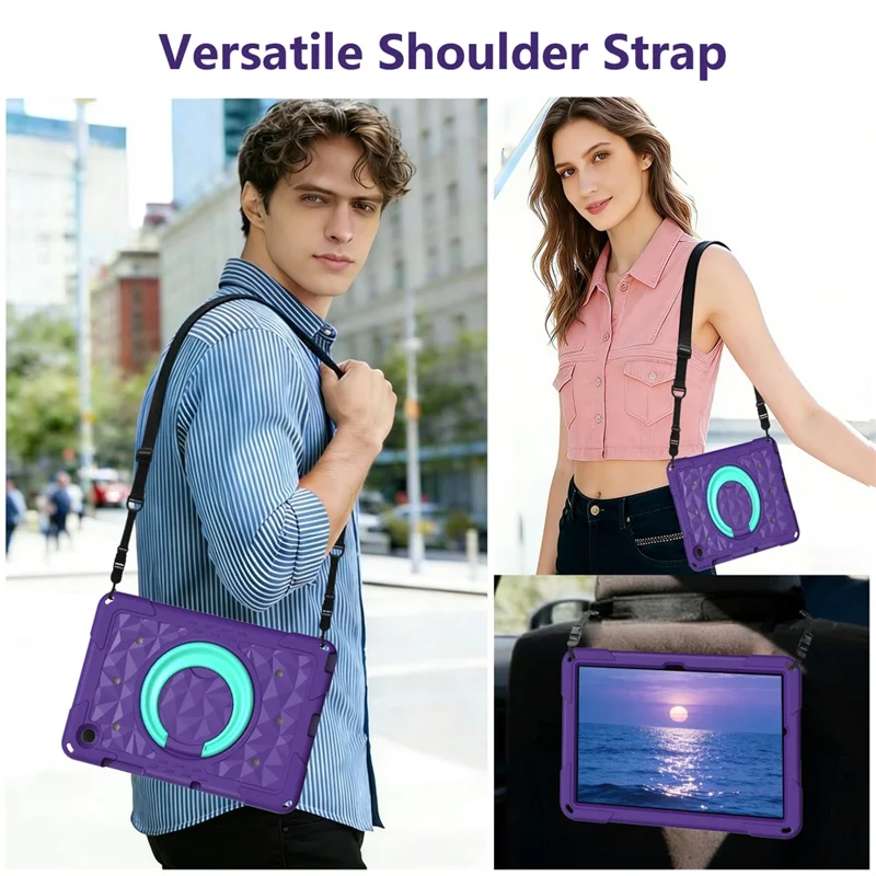 For Samsung Galaxy Tab A11+  /  A9+ Case Hand Grip Kickstand Geometric Pattern PC + EVA Tablet Cover with Shoulder Strap - Purple  /  Mint Green