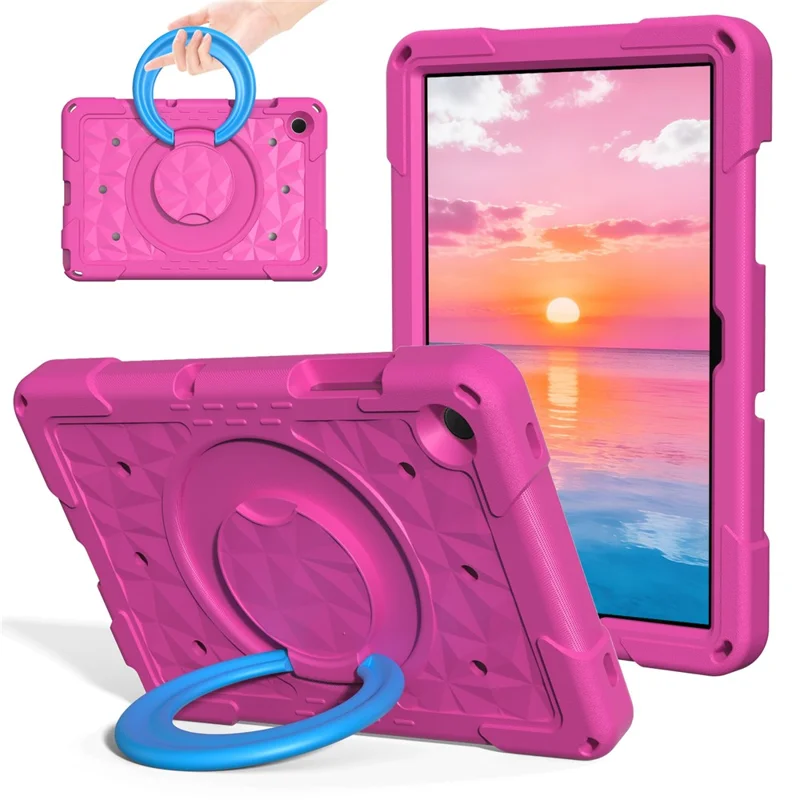 For Samsung Galaxy Tab A11+  /  A9+ Case Hand Grip Kickstand Geometric Pattern PC + EVA Tablet Cover with Shoulder Strap - Rose  /  Blue