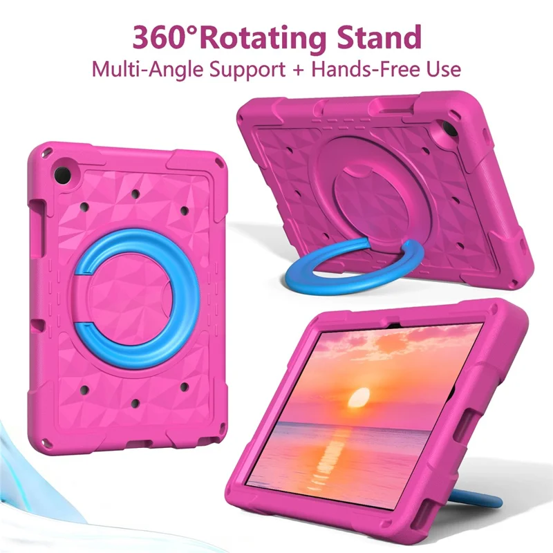 For Samsung Galaxy Tab A11+  /  A9+ Case Hand Grip Kickstand Geometric Pattern PC + EVA Tablet Cover with Shoulder Strap - Rose  /  Blue