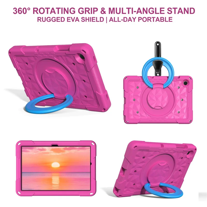 For Samsung Galaxy Tab A11+  /  A9+ Case Hand Grip Kickstand Geometric Pattern PC + EVA Tablet Cover with Shoulder Strap - Rose  /  Blue