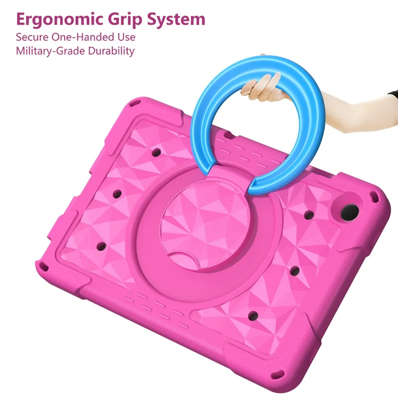 For Samsung Galaxy Tab A11+  /  A9+ Case Hand Grip Kickstand Geometric Pattern PC + EVA Tablet Cover with Shoulder Strap - Rose  /  Blue