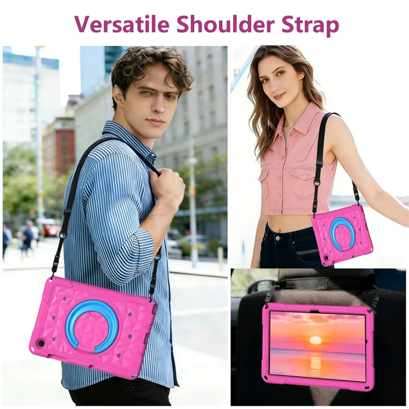 For Samsung Galaxy Tab A11+  /  A9+ Case Hand Grip Kickstand Geometric Pattern PC + EVA Tablet Cover with Shoulder Strap - Rose  /  Blue