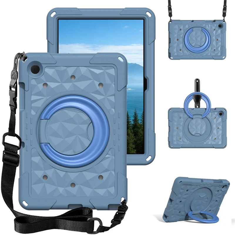 For Samsung Galaxy Tab A11+  /  A9+ Case Hand Grip Kickstand Geometric Pattern PC + EVA Tablet Cover with Shoulder Strap - Grey Blue