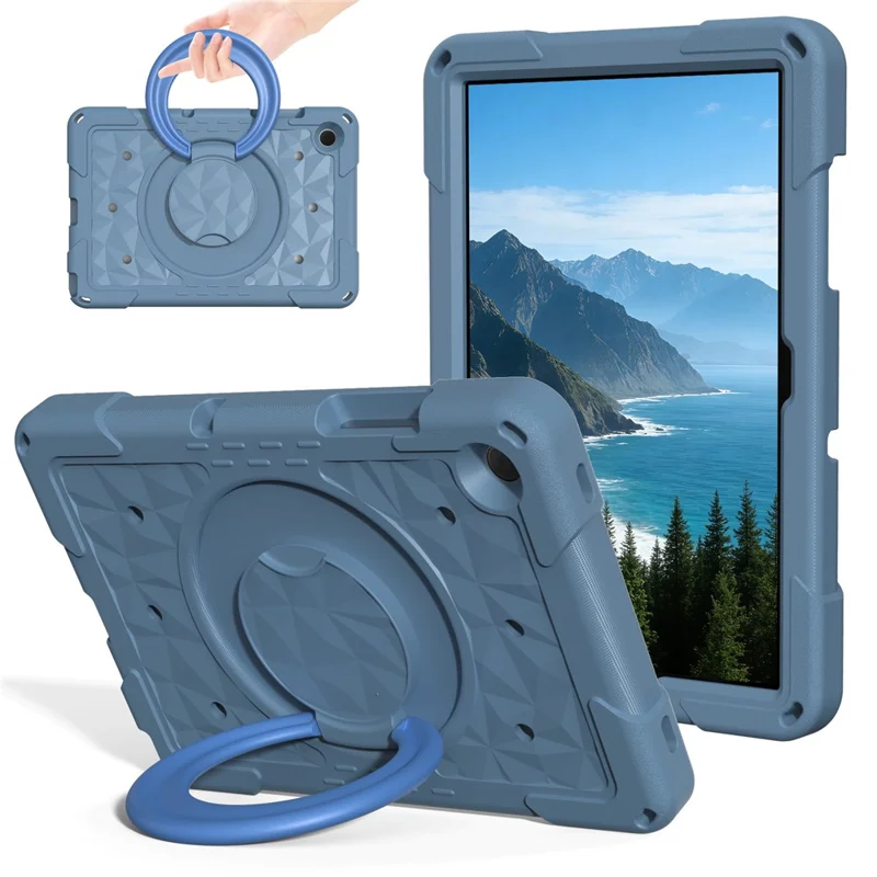 For Samsung Galaxy Tab A11+  /  A9+ Case Hand Grip Kickstand Geometric Pattern PC + EVA Tablet Cover with Shoulder Strap - Grey Blue