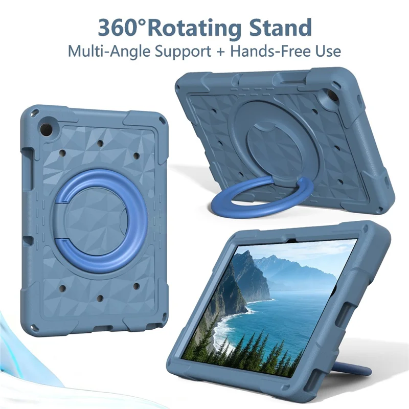 For Samsung Galaxy Tab A11+  /  A9+ Case Hand Grip Kickstand Geometric Pattern PC + EVA Tablet Cover with Shoulder Strap - Grey Blue