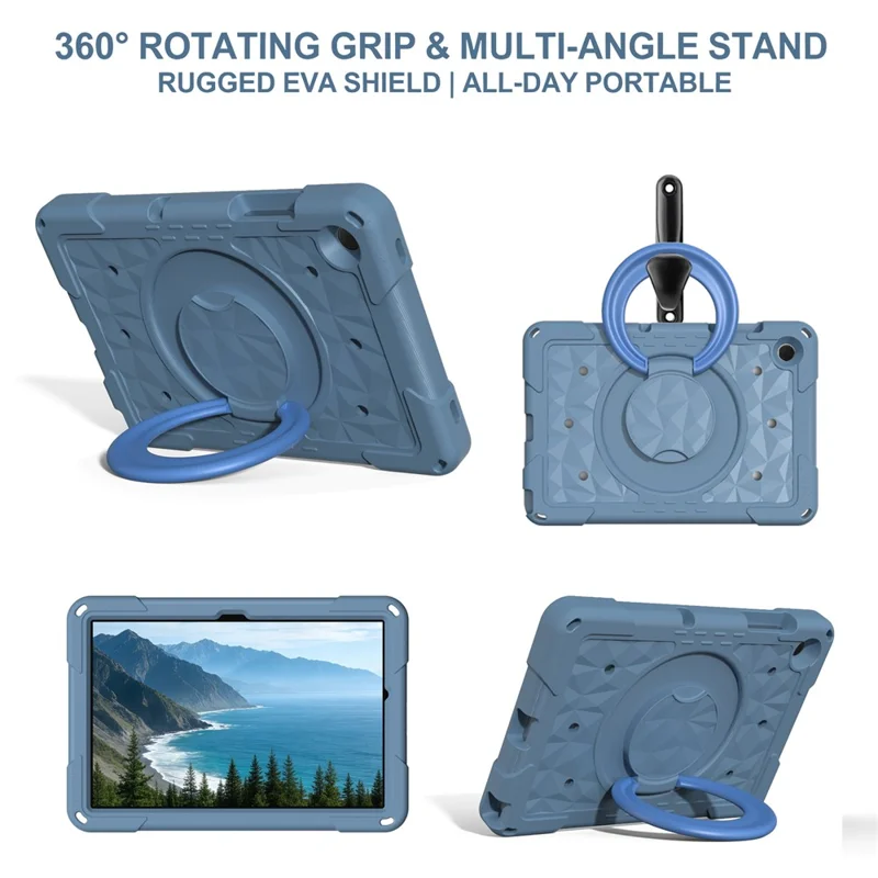 For Samsung Galaxy Tab A11+  /  A9+ Case Hand Grip Kickstand Geometric Pattern PC + EVA Tablet Cover with Shoulder Strap - Grey Blue