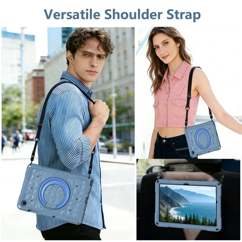 For Samsung Galaxy Tab A11+  /  A9+ Case Hand Grip Kickstand Geometric Pattern PC + EVA Tablet Cover with Shoulder Strap - Grey Blue