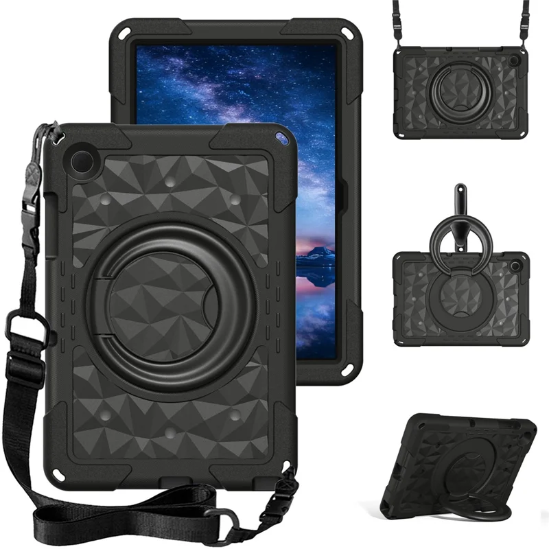 For Samsung Galaxy Tab A11+  /  A9+ Case Hand Grip Kickstand Geometric Pattern PC + EVA Tablet Cover with Shoulder Strap - Black
