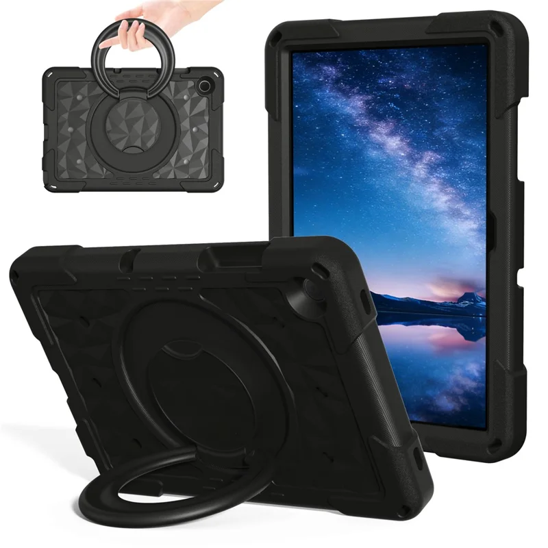 For Samsung Galaxy Tab A11+  /  A9+ Case Hand Grip Kickstand Geometric Pattern PC + EVA Tablet Cover with Shoulder Strap - Black