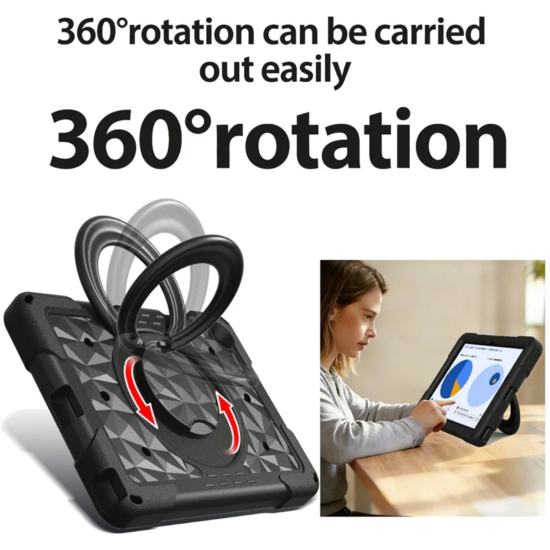 For Samsung Galaxy Tab A11+  /  A9+ Case Hand Grip Kickstand Geometric Pattern PC + EVA Tablet Cover with Shoulder Strap - Black