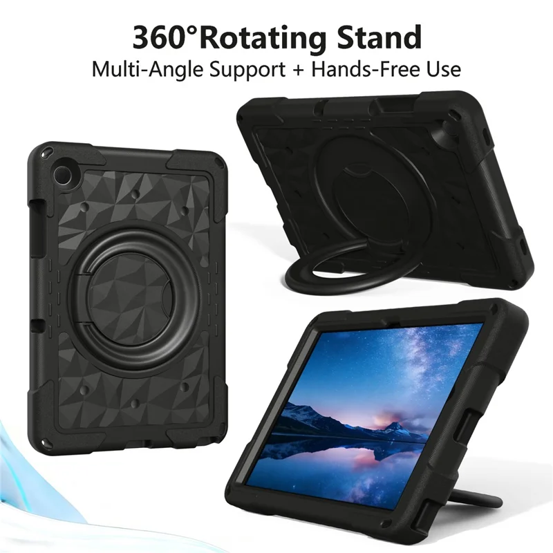 For Samsung Galaxy Tab A11+  /  A9+ Case Hand Grip Kickstand Geometric Pattern PC + EVA Tablet Cover with Shoulder Strap - Black