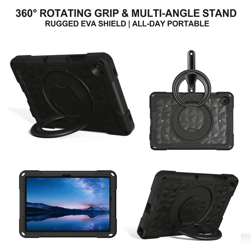 For Samsung Galaxy Tab A11+  /  A9+ Case Hand Grip Kickstand Geometric Pattern PC + EVA Tablet Cover with Shoulder Strap - Black