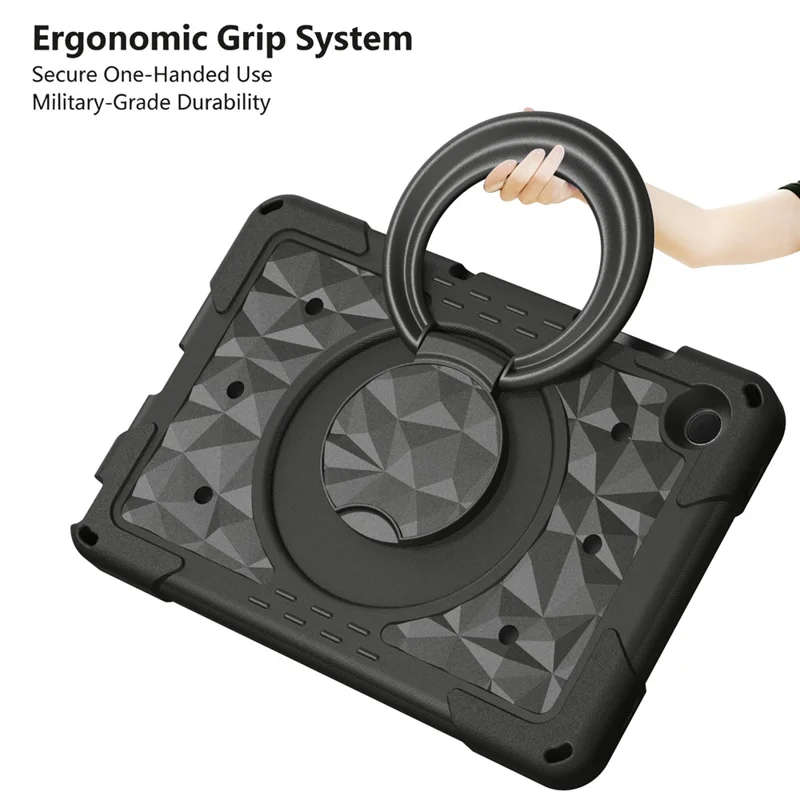 For Samsung Galaxy Tab A11+  /  A9+ Case Hand Grip Kickstand Geometric Pattern PC + EVA Tablet Cover with Shoulder Strap - Black