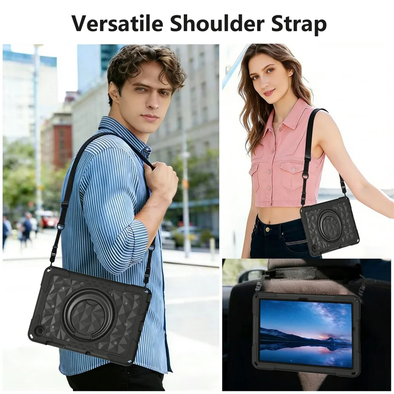 For Samsung Galaxy Tab A11+  /  A9+ Case Hand Grip Kickstand Geometric Pattern PC + EVA Tablet Cover with Shoulder Strap - Black