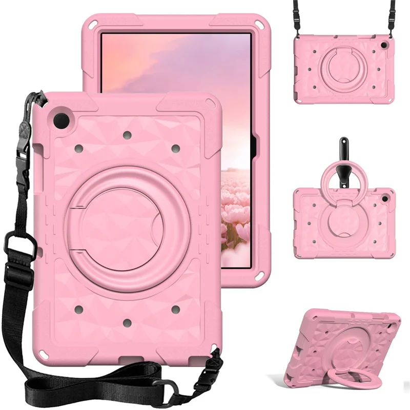 For Samsung Galaxy Tab A11+  /  A9+ Case Hand Grip Kickstand Geometric Pattern PC + EVA Tablet Cover with Shoulder Strap - Pink