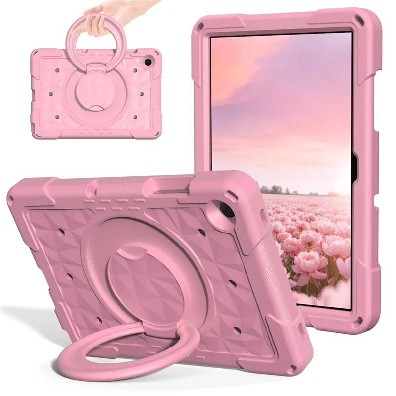 For Samsung Galaxy Tab A11+  /  A9+ Case Hand Grip Kickstand Geometric Pattern PC + EVA Tablet Cover with Shoulder Strap - Pink