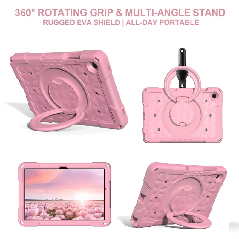 For Samsung Galaxy Tab A11+  /  A9+ Case Hand Grip Kickstand Geometric Pattern PC + EVA Tablet Cover with Shoulder Strap - Pink