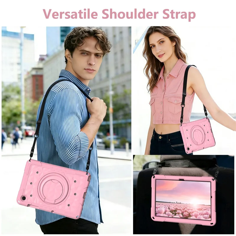 For Samsung Galaxy Tab A11+  /  A9+ Case Hand Grip Kickstand Geometric Pattern PC + EVA Tablet Cover with Shoulder Strap - Pink