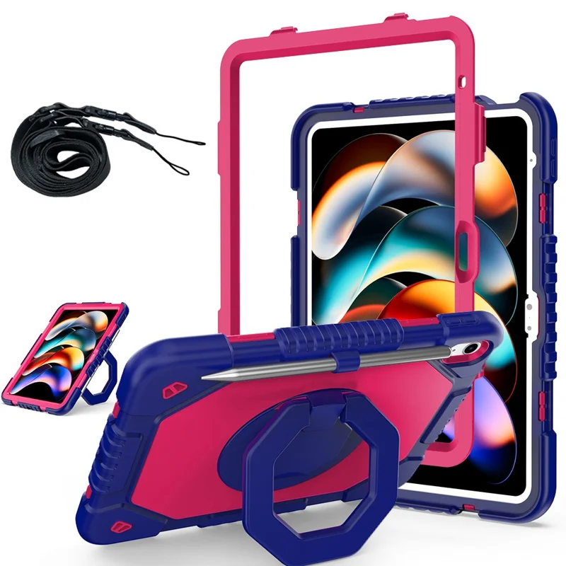 For iPad (2025)  /  10.9 (2022) Case Hand Grip Kickstand Shockproof Silicone + PC Tablet Cover with Detachable Strap  /  Pen Slot - Rose  /  Navy Blue