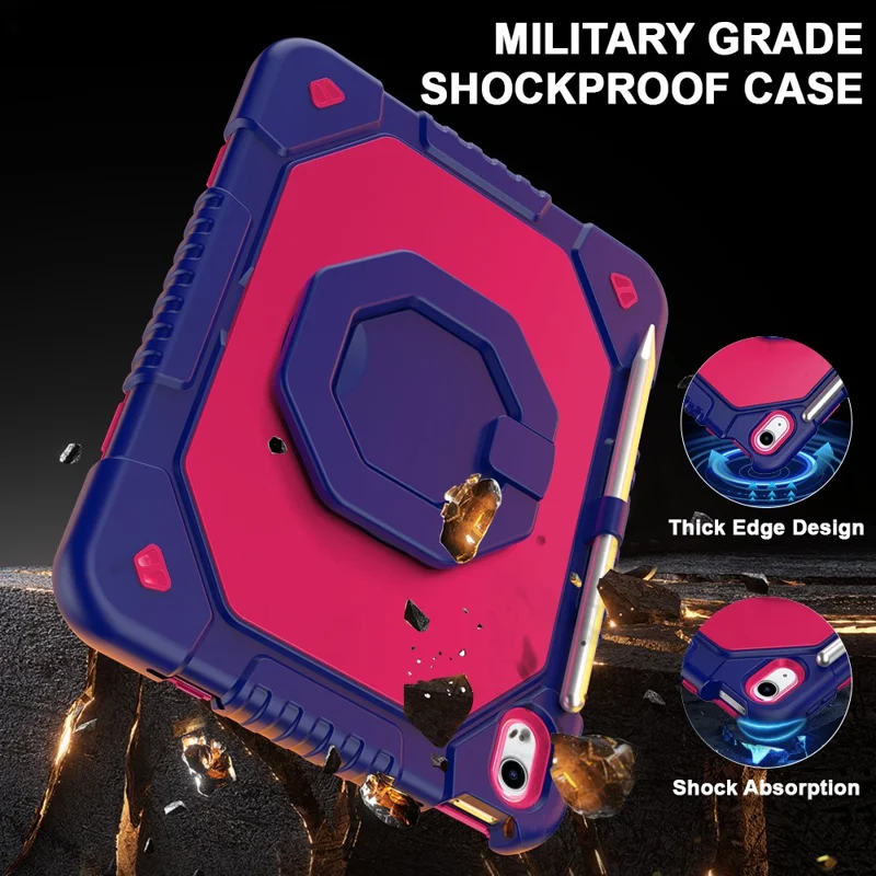 For iPad (2025)  /  10.9 (2022) Case Hand Grip Kickstand Shockproof Silicone + PC Tablet Cover with Detachable Strap  /  Pen Slot - Rose  /  Navy Blue