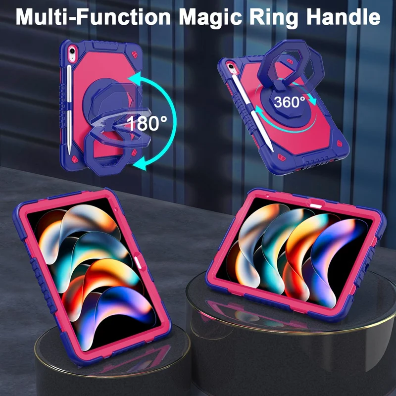 For iPad (2025)  /  10.9 (2022) Case Hand Grip Kickstand Shockproof Silicone + PC Tablet Cover with Detachable Strap  /  Pen Slot - Rose  /  Navy Blue