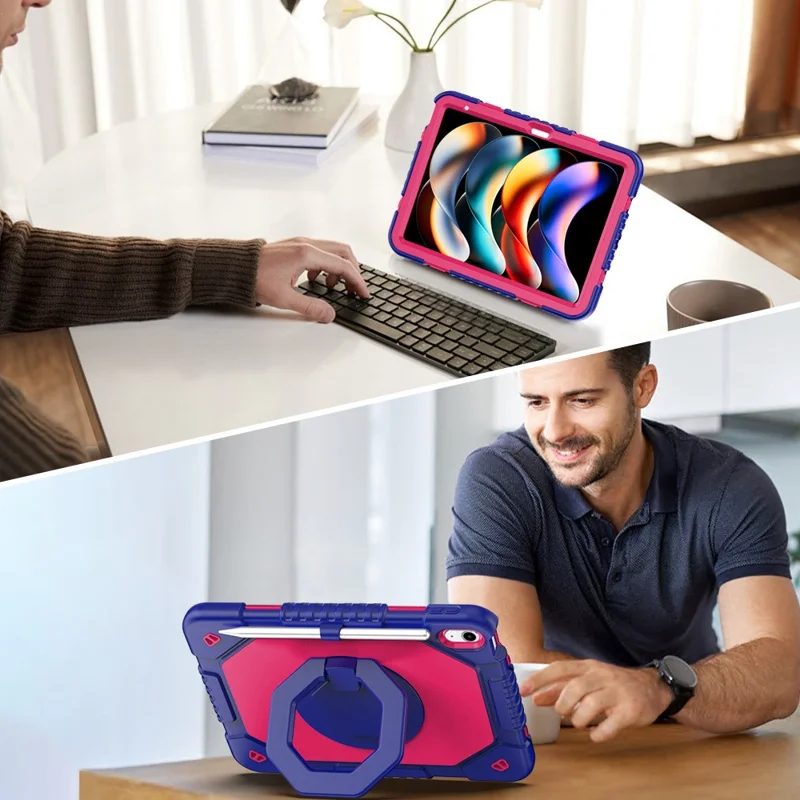 For iPad (2025)  /  10.9 (2022) Case Hand Grip Kickstand Shockproof Silicone + PC Tablet Cover with Detachable Strap  /  Pen Slot - Rose  /  Navy Blue
