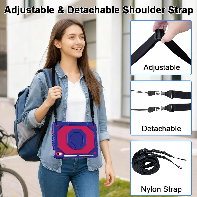 For iPad (2025)  /  10.9 (2022) Case Hand Grip Kickstand Shockproof Silicone + PC Tablet Cover with Detachable Strap  /  Pen Slot - Rose  /  Navy Blue