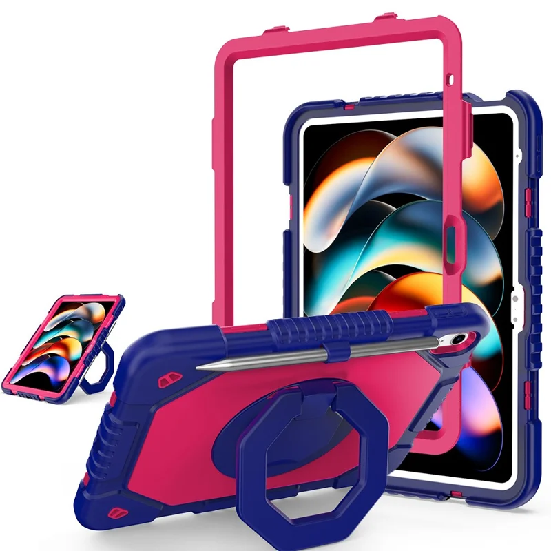 For iPad (2025)  /  10.9 (2022) Case Hand Grip Kickstand Shockproof Silicone + PC Tablet Cover with Pen Slot - Rose  /  Navy Blue