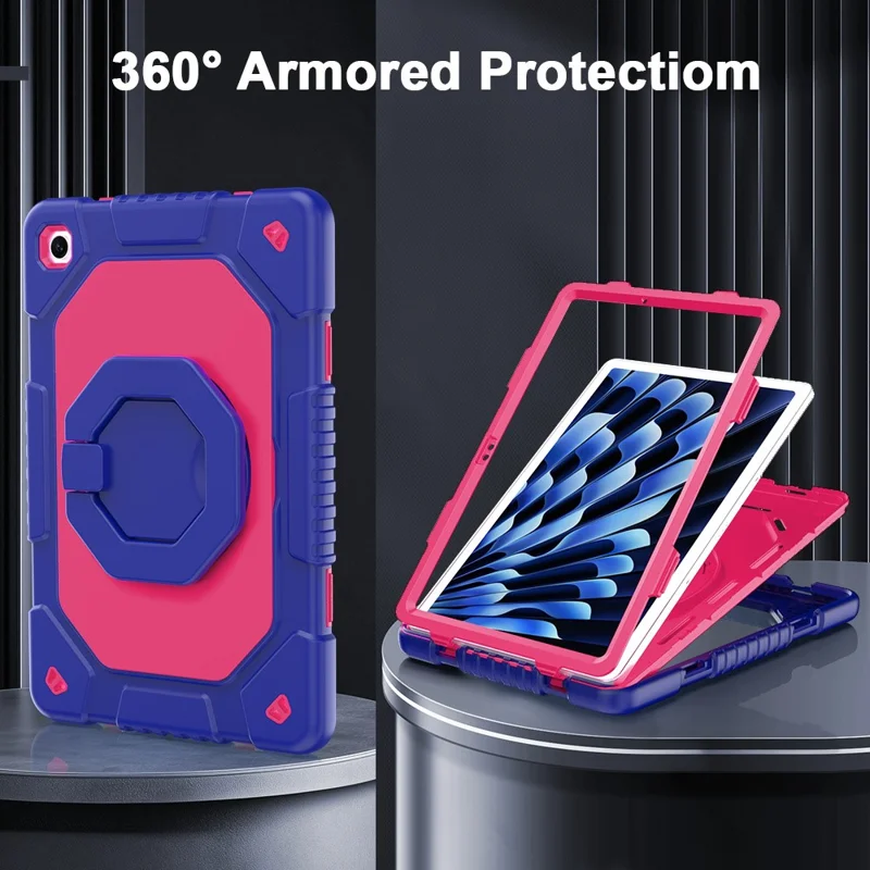For Samsung Galaxy Tab A11+  /  A9+ Case Hand Grip Kickstand Shockproof Silicone + PC Tablet Cover with Detachable Strap  /  Pen Slot - Rose  /  Navy Blue