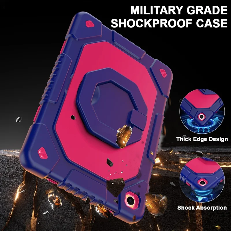For Samsung Galaxy Tab A11+  /  A9+ Case Hand Grip Kickstand Shockproof Silicone + PC Tablet Cover with Detachable Strap  /  Pen Slot - Rose  /  Navy Blue